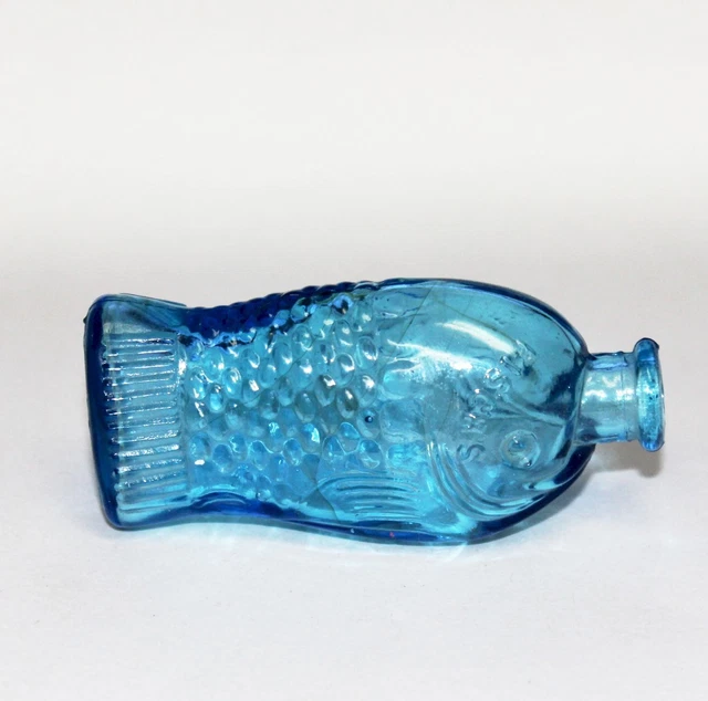 Vintage antique Blue Glass Bottle Fisch's Bitters Small miniature Fish Retro Old