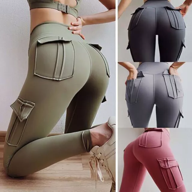 Women High Waist Cargo Yoga Leggings 4 Pockets Tummy Control Workout Pants UK