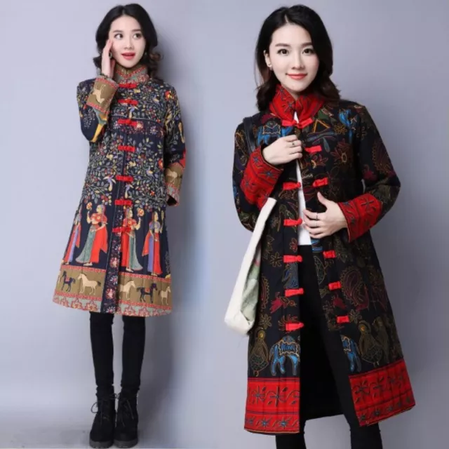 Women Quilted Jacket Ethnic Midi Puffer Coat Button Quilted Padded Outerwear