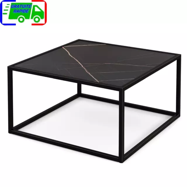 Table Basse Carrée Moderne avec Dessus de Table en Faux Marbre et Structure en A