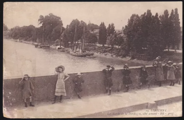 LIBOURNE 33 Voiliers sur les Bords de la Dordogne CPA animée écrite le 23-1-1918