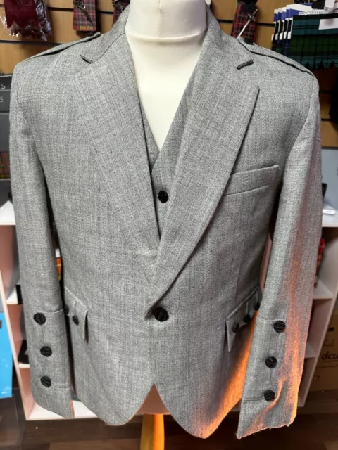 Scottish Light Grey Tweed Jacket & Waistcoat, Black Buttons 40 Reg only £129