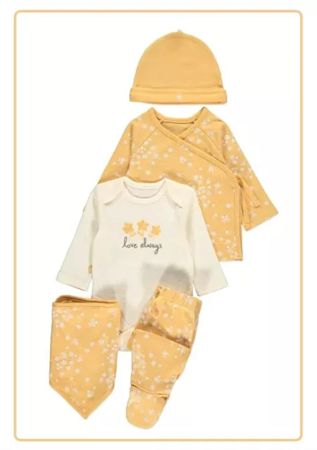 Baby Girls Floral Mustard 5 Piece Outfit Layette Newborn Starter Gift Set NEW