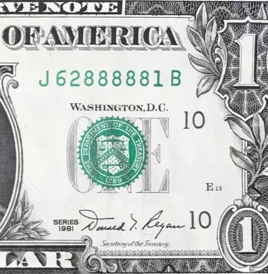 J 62888881 B : Five 8 's in a Row $1 One Dollar Bill