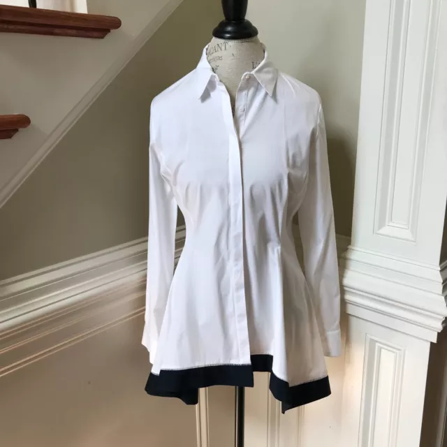 Lela Rose Flared Hem Button Front Shirt Blouse Womens 6 White Blue Long Sleeve