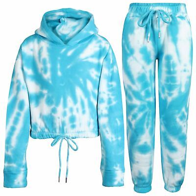 Kids Tie Dye Blue Tracksuit Gym Cropped Hoodie Sweatpants Cord Set Girls 5-13 Yr