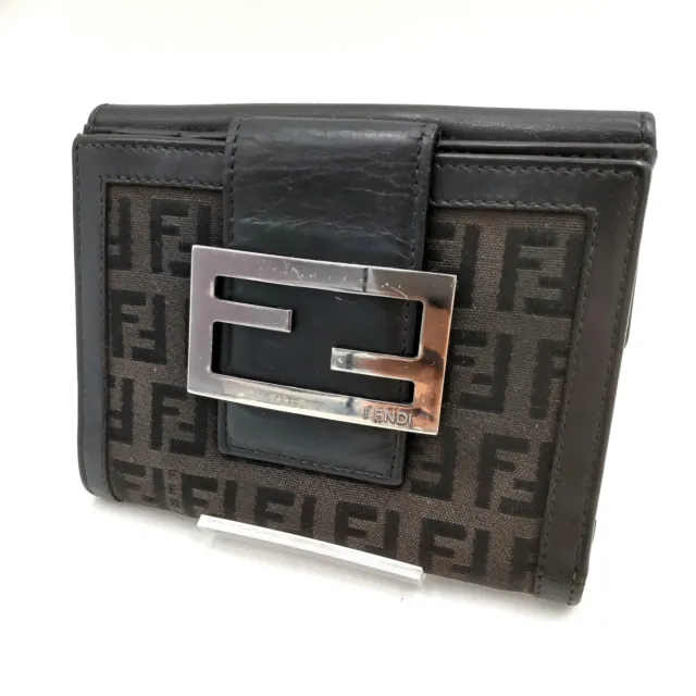 FENDI Wallet Zucchino Canvas  Leather Black Brown  Authentic