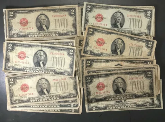 (LOT OF TEN) 1928 Two Dollar $2 Bill Red Seal Note Randomly Hand Picked AG/GOOD