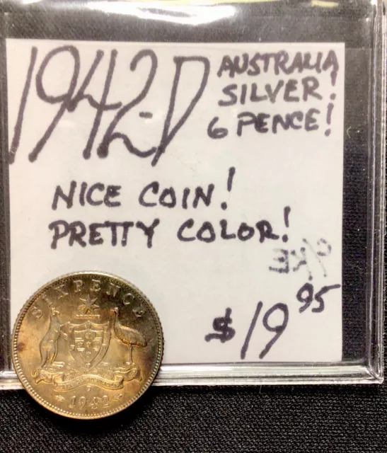 1942 D Australia Silver 6 Pence! Nice Coin! Pretty Color! ENN Coins