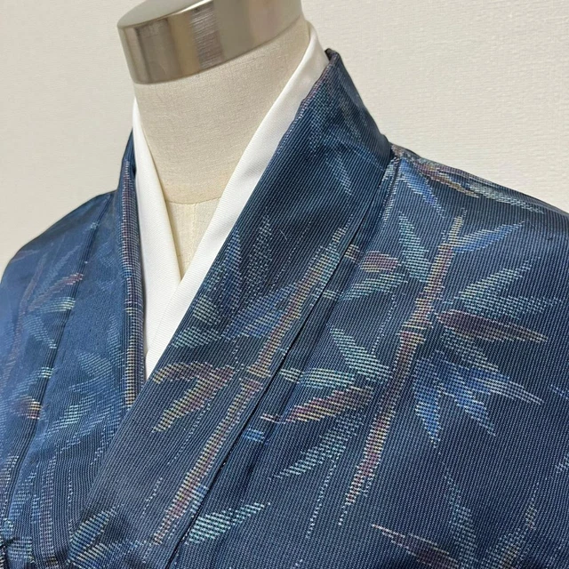 Japanese Kimono Oshima Tsumugi Pongee 161cm Bamboo Pattern Indigo Blue
