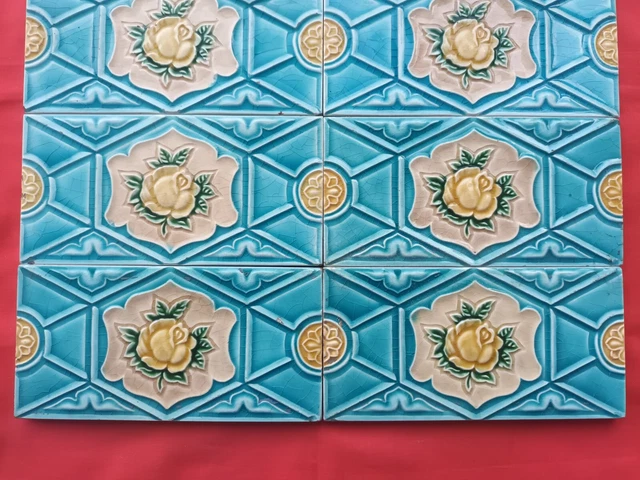 8 Piece Lot Old Art Flower Design Embossed Majolica Ceramic Tiles Japan 0193 3
