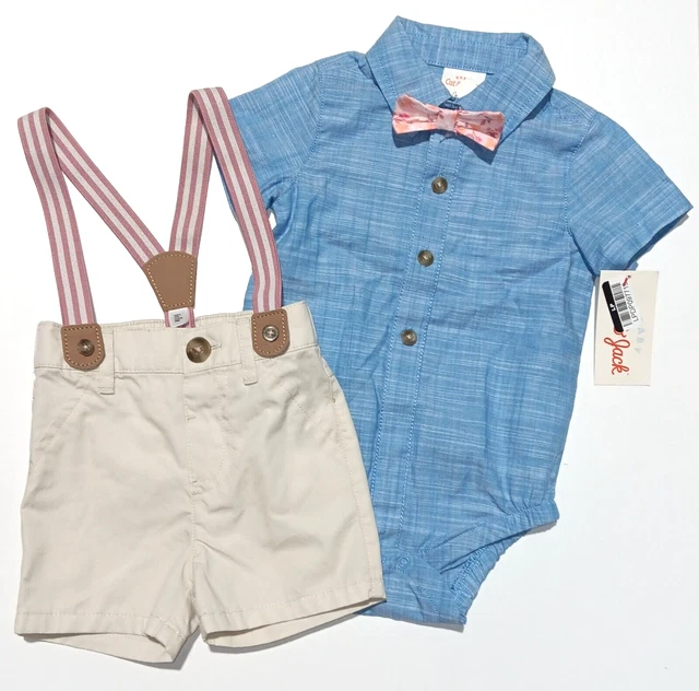 CAT JACK Baby Boys Size 3 6M Chambray Bodysuit Suspender Bow Tie
