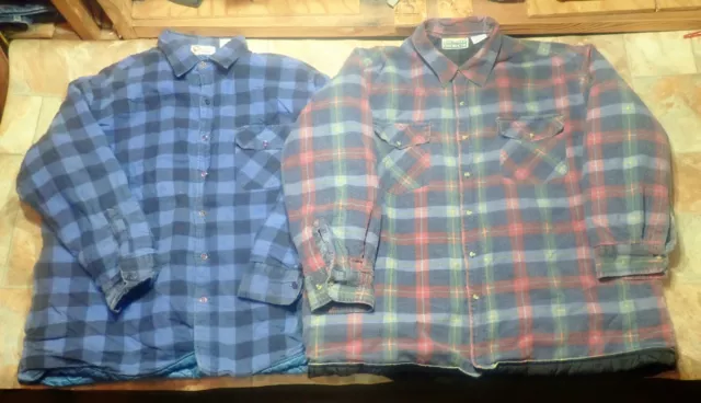 2 Vtg Heavy Cotton Plaid Flannel Shirt Jacket Lot Men's 2XL Quilt Lined Shacket