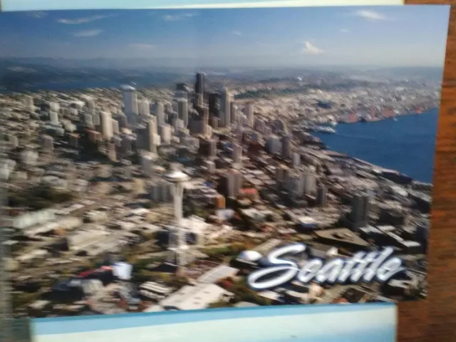 Aerial View Photo Post Card Over Space Needle & Seattle Washington