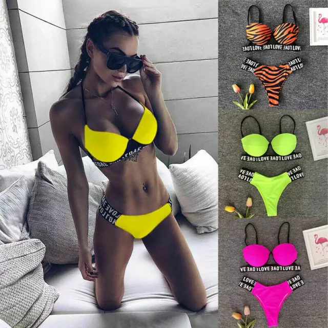 Womens Sexy Push Up Swimwear Brazilian Bikini Set Letter Print Bandage Swimsuit