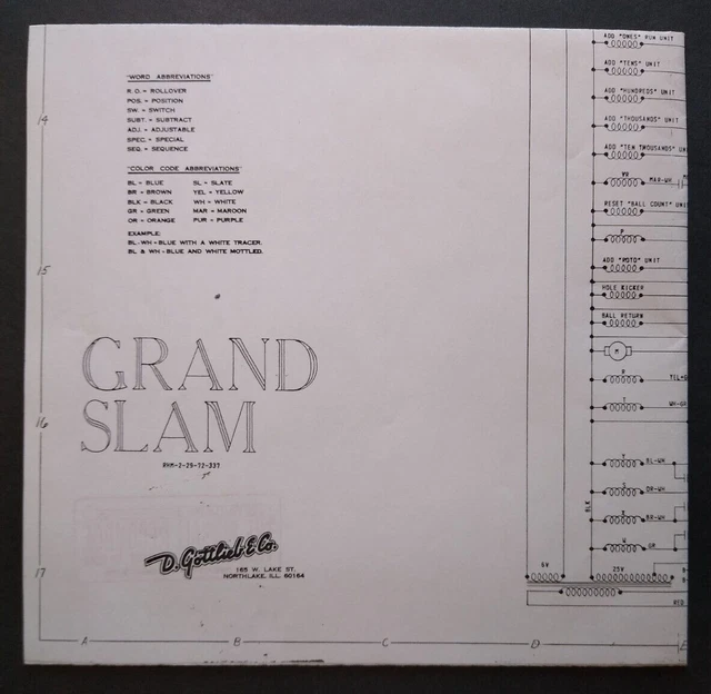 GRAND SLAM PINBALL Machine Wiring Diagram Schematic For 1972 Flipper