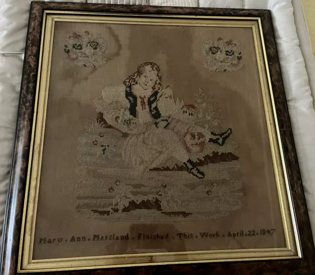 Antique Berlin Woolwork Tapestry Girl, Dog & Cherubs Putti - Dated 1847 (A/F)