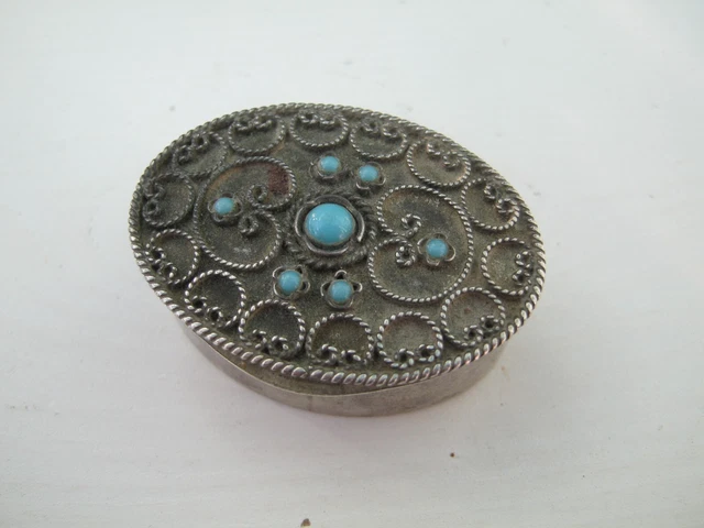 Antique Eastern Silver & Turquoise Box With Filigree Rope Twist Detailing