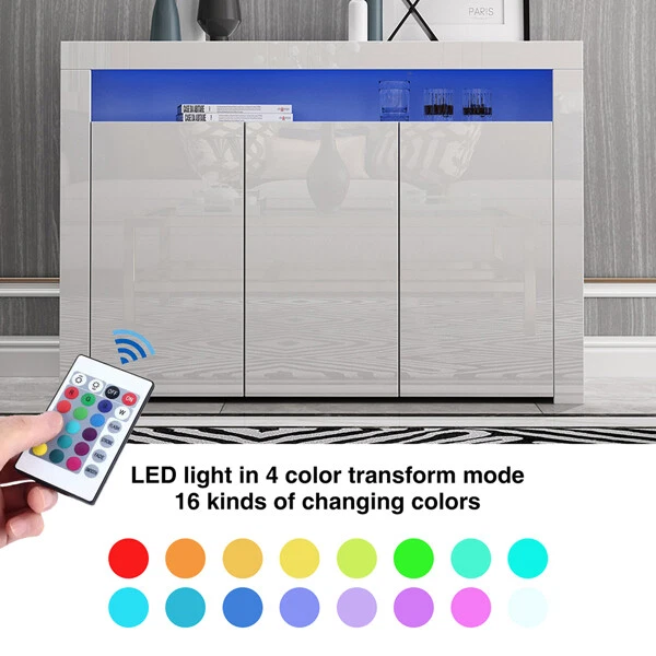 Armadio a buffet credenza 3 porte bianco lucido 130 cm e luce RGB