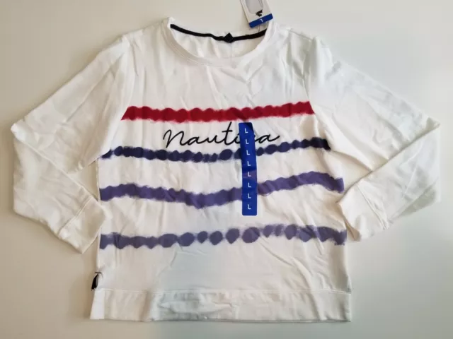 NAUTICA Women's White Sweatshirt Size Large L Soft Red Blue Stripes Logo NWT