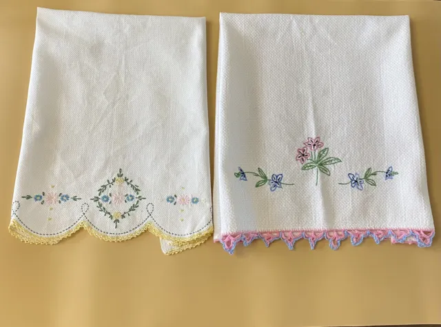 Two Vintage Hand Embroidered Crochet Edge Guest Hand  Tea Towels Approx 27”x16”