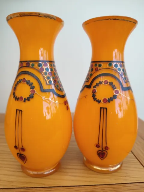 Pair of Matching Painted Art Deco Tangerine Orange Czech Art Glass Vases
