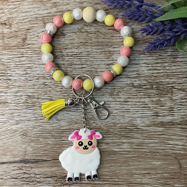 Wristlet Keychain Silicone Sheep Pink Beaded Handmade Bracelet Gift Custom Key
