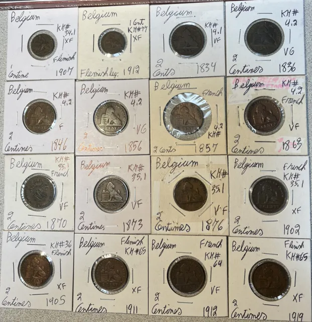 Belgium 1834 - 1919 One 1 & 2 Centimes 16 Coin Lot VG - XF Low Mintage Coins