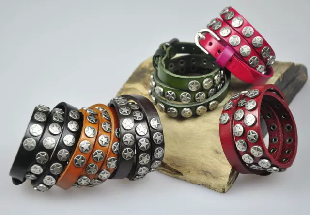 S392 Cool Triple Wrap Metal Stars Studded Genuine Leather Bracelet Cuff 6-Colors
