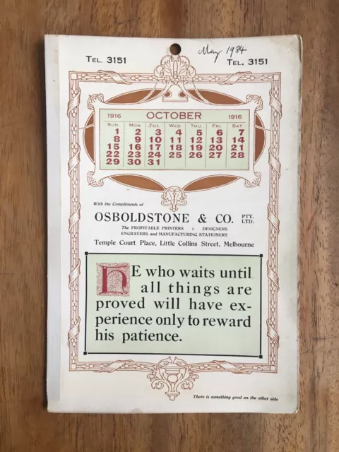 Antique October 1916 Calendar Osboldstone & Co Melbourne Printer Art Nouveau