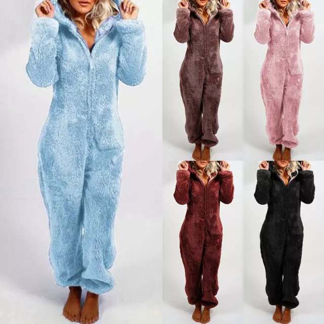 Femmes Moelleux Polaire Teddy 1Onesie Cosy Combinaison Capuche Habillage Bain *