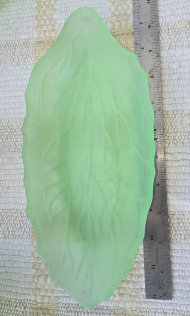 1930's Art Deco leaf patterned green frosted glass dish 10 inches by 4.5 inches