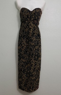 Vintage 80's Scott McClintock Dress  Black Velvet Gold Metallic Floral strapless