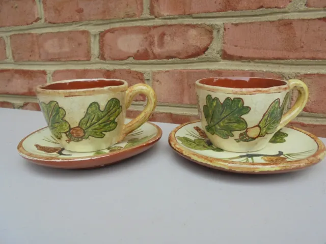 2 Vintage Brown County Pottery Indiana Oak Leaf Acorn Cup & Saucer Sets (4 Pcs)