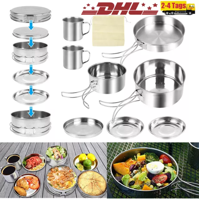 8x Edelstahl Camping Kochtopf Set Kochgeschirr Outdoor Bratpfanne Kettle Töpfen