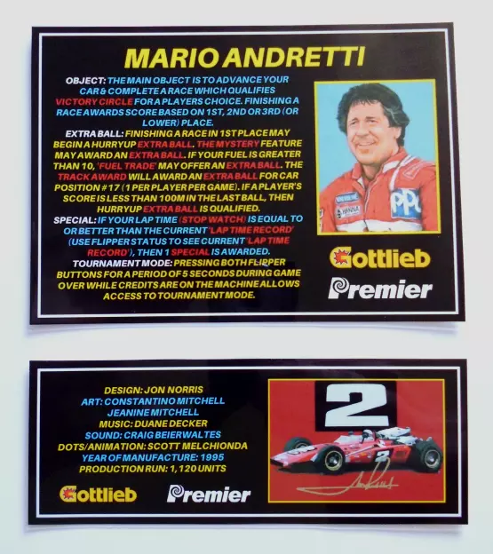 * * 'MARIO ANDRETTI' Gottlieb 1995 Tarjetas de instrucciones/delantal personalizadas * (Nuevo)