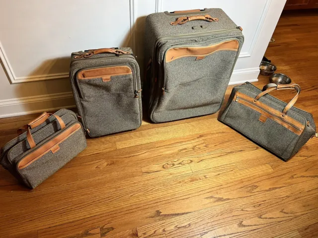4 Piece Hartman Luggage Set Tweed Leather Rolling & Carry On Bag & Accessories