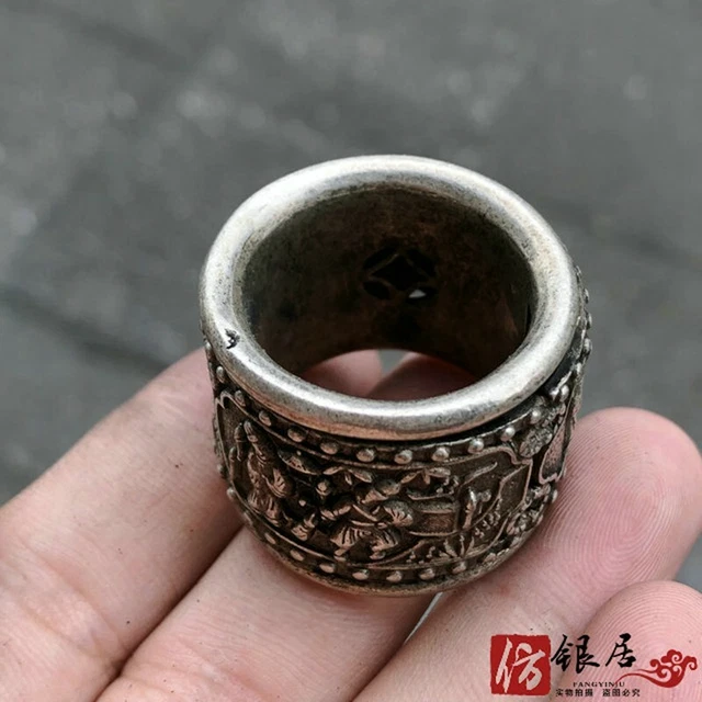 Exquisite Old Chinese tibet silver handcarved Character Pull finge Ring statue 9 2
