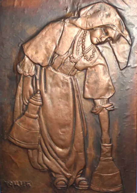 Vintage Wall Decor Copper Plaque Woman In Folk Costume Carry Watter