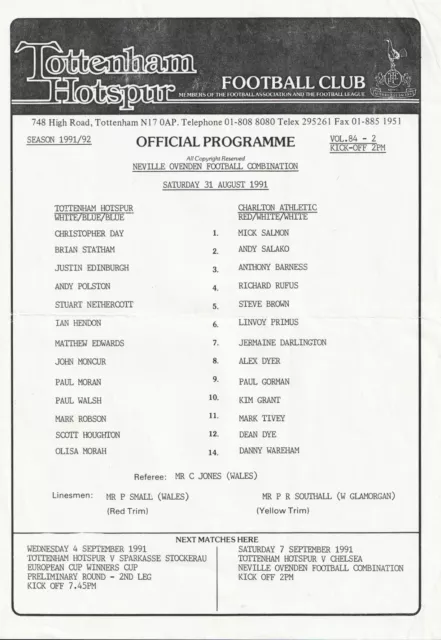 Tottenham Hotspur (Spurs) v Charlton reserves 31 August 1991 Programme