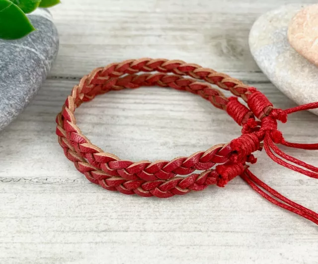 2 x Red Leather w Waxed Cotton Bracelet Wristband Anklet Mens Bracelet Womens
