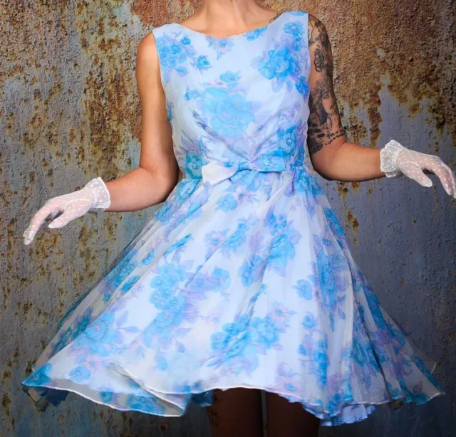 Splendido abito a dondolo stampa floreale blu anni '50 corse matrimonio abito occasione