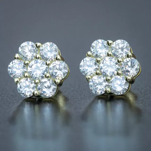 Iced 14K Gold Plated Sterling Silver Round Flower Cluster Stud Hip Hop Earrings