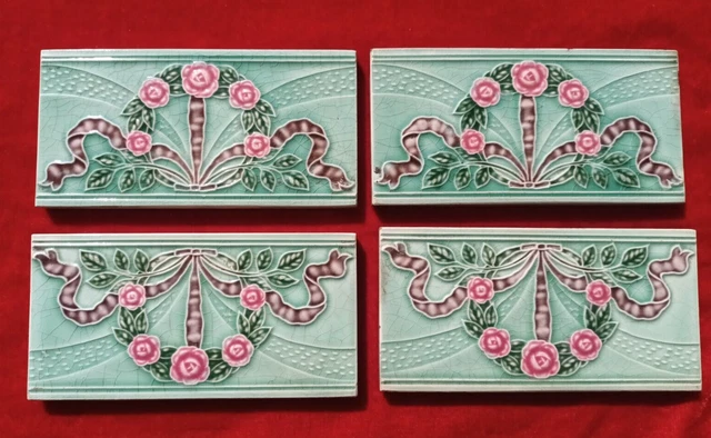 4 Piece Art Deco Small Floral Design Majolica Ceramic Tiles Japan 0297 7