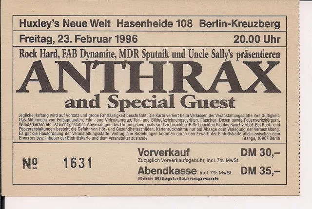 ANTHRAX Used Ticket Berlin 23.02.1996