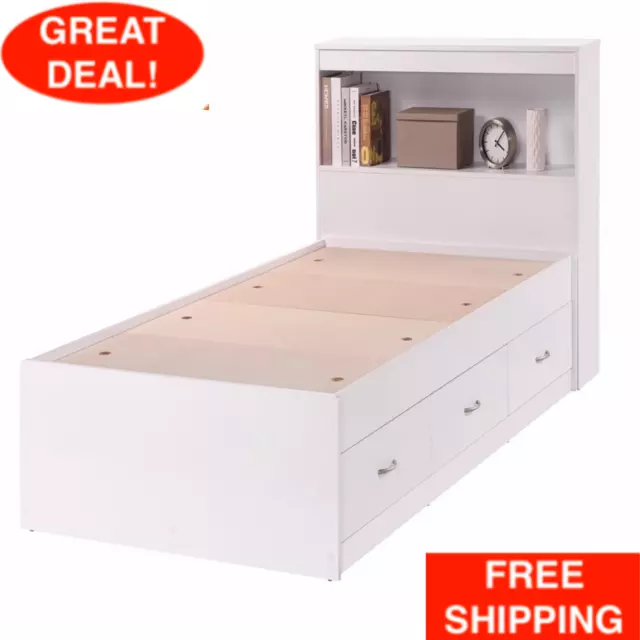 Twin Storage Bed Frame With Headboard 3-Drawer White Wood Mattress Not Included