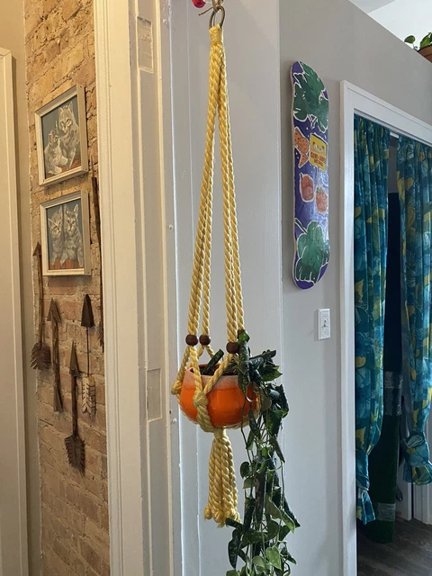Vintage Handmade Macrame Plant Hanger Yellow Wooden Beads 40 Inches Boho Retro