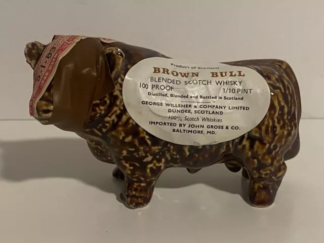 Rare WILLSHER'S Brown BULL SCOTCH WHISKEY Miniature Decanter Liquor Bottle 1.6oz