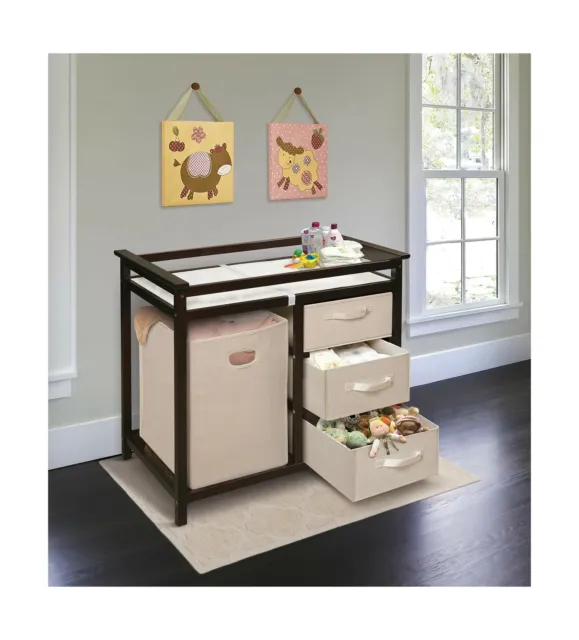 Modern Baby Changing Table with Laundry Hamper, 3 Storage Baskets, and Pad 2