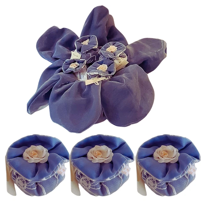 SET 16 PEZZI sacchetto bomboniera blu ricamato a mano con rosa e
